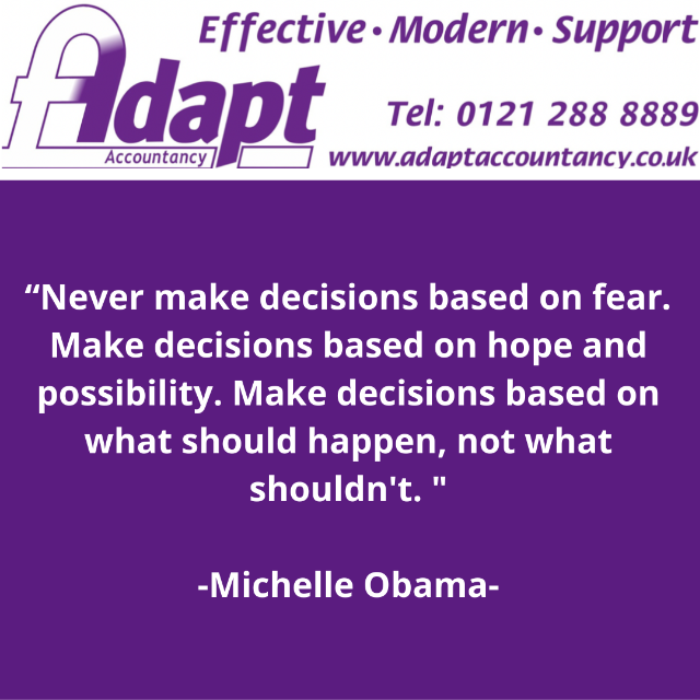 adapt123's tweet photo. Happy Tuesday everyone
Here is our quote of the day
Never make decisions based on hope and possibility.
Make decisions based on what should happen, not what shouldn't.
-Michelle Obama-
#interstates #bankofengland #business #adaptaccountancy #businessgrowth #quotes #accountancy https://t.co/nVH12G0vTN