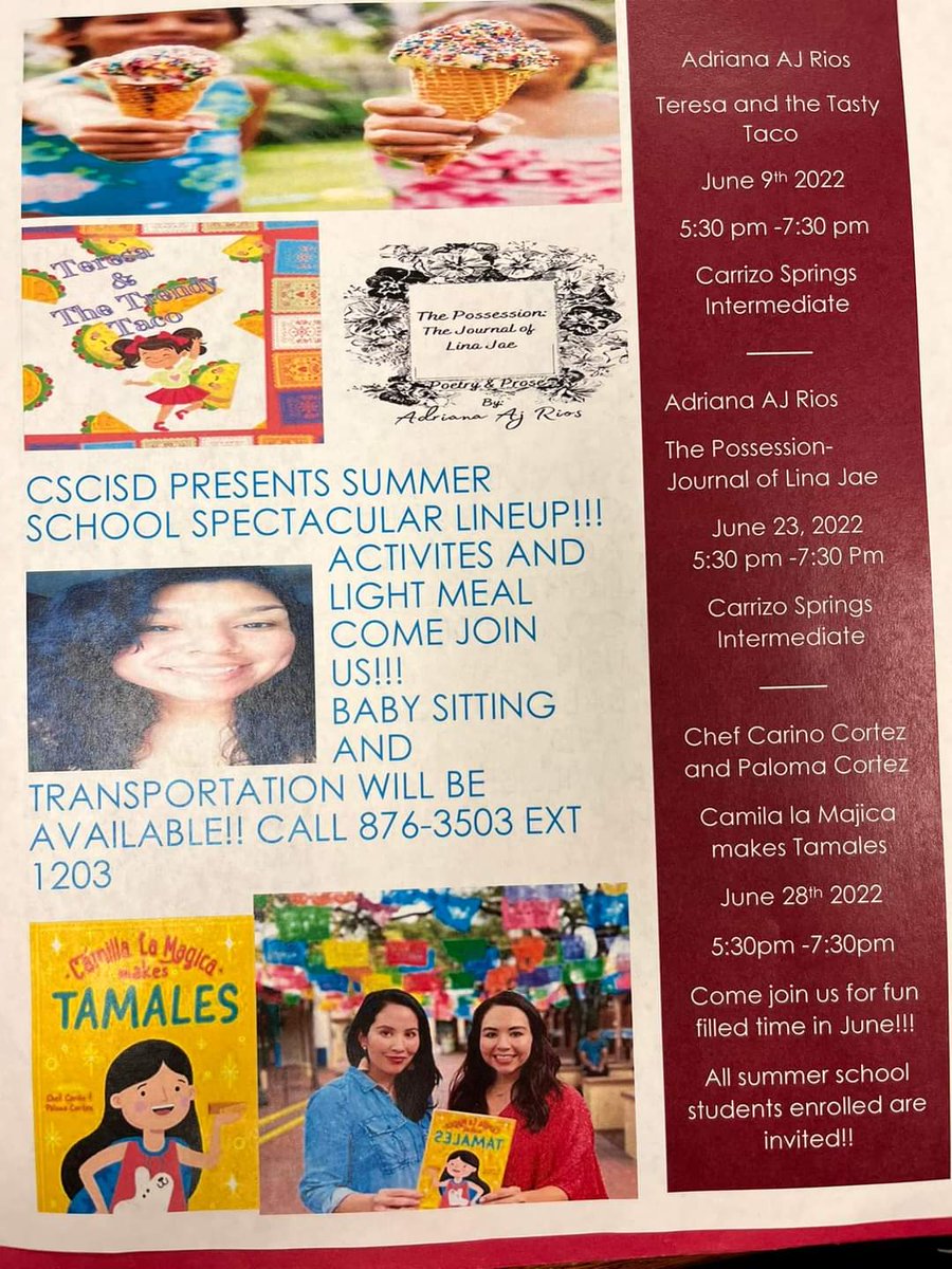 joannortiz's tweet photo. Today is the last event of the Summer School Spectacular Reading Lineup!!! All CSCISD kids are invited!!! 
Place: Carrizo Springs Intermediate
Time: 5:30-7:30 pm
Lots of Books to be given out, and free food!!!🎉📚💗👍#readingismagic #i❤cscisd #summerfun☀️📚💗 https://t.co/MgCVNTx1G0