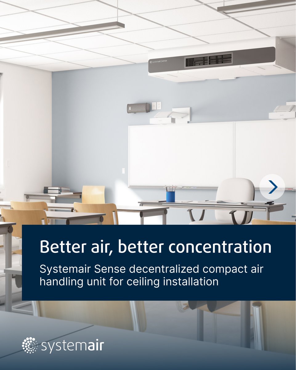 systemair's tweet image. The Systemair Sense decentralised compact AHU is so silent that you don’t even realise it’s there, ensuring the fresh air supply needed for better learning and concentration. This makes it a perfect choice not only for schools, but also in offices and conference rooms.