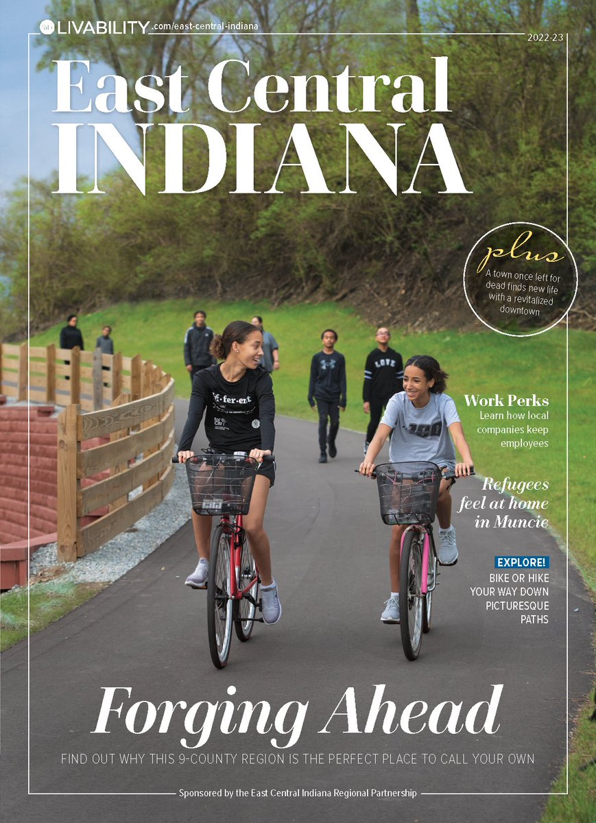 ForgeECI's tweet image. The 2022 ECI Livability magazine is here! Discover the region's growing trail systems, how refugees are finding their home in Muncie and the creative ways our small towns continue to revitalize and thrive. Read it here: bit.ly/3u712Pu