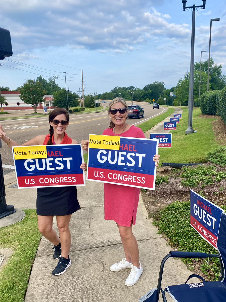OneDeltaGirl's tweet photo. Fun morning seeing our friends excited and going to vote today! 🇺🇸🇺🇸 Thanks for the honks and waves from our friends! #MichaelGuest #primaryrunoff #GoVote https://t.co/4k2t0JZnBy