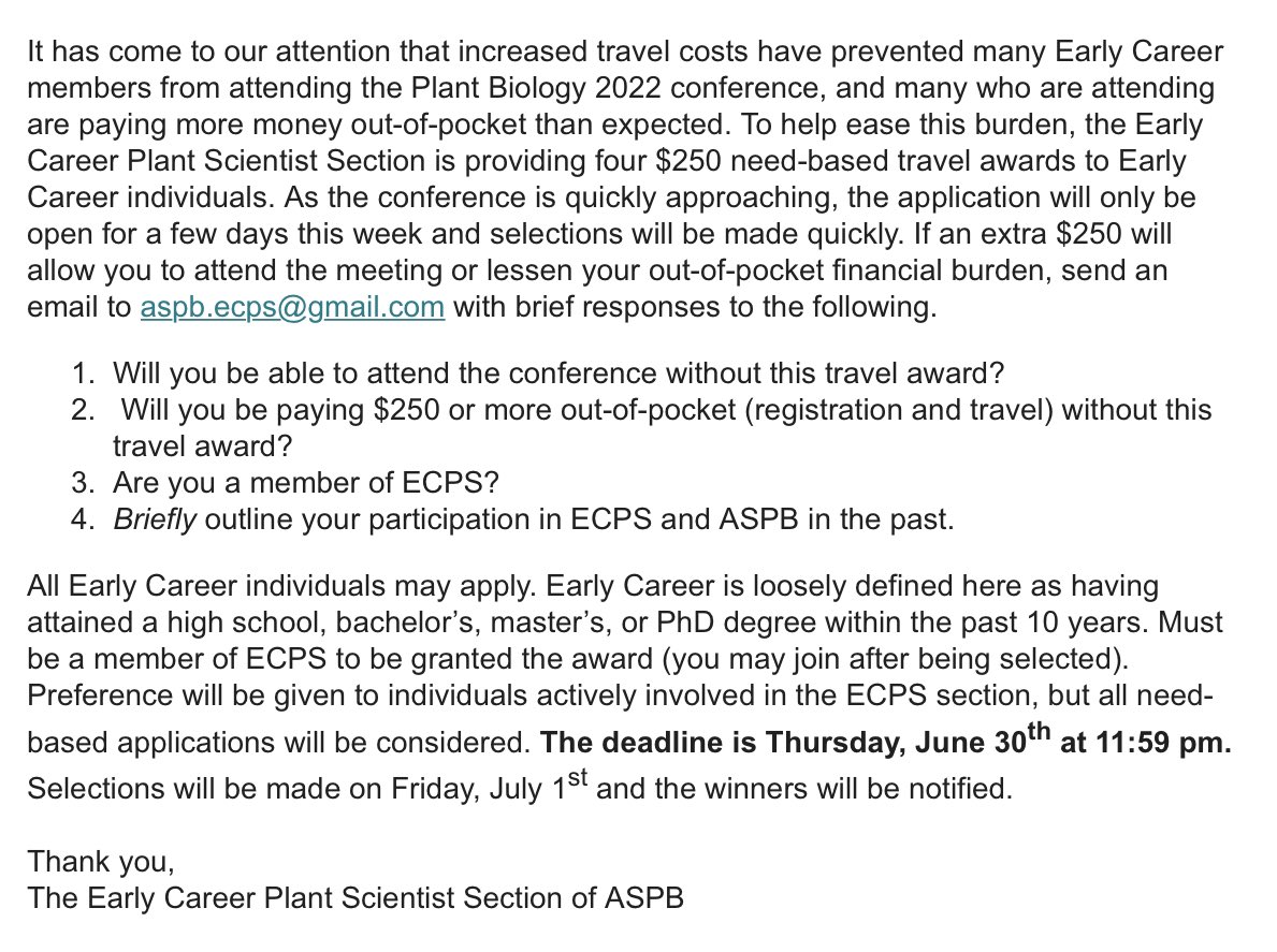 With travel costs as high as they are, ECPS is handing out some additional small travel grants to Early Career folks to attend Plant Biology 2022! Apps will only be open for a couple days and the selections will be made quickly. This is going to be a great conference for ECRs!