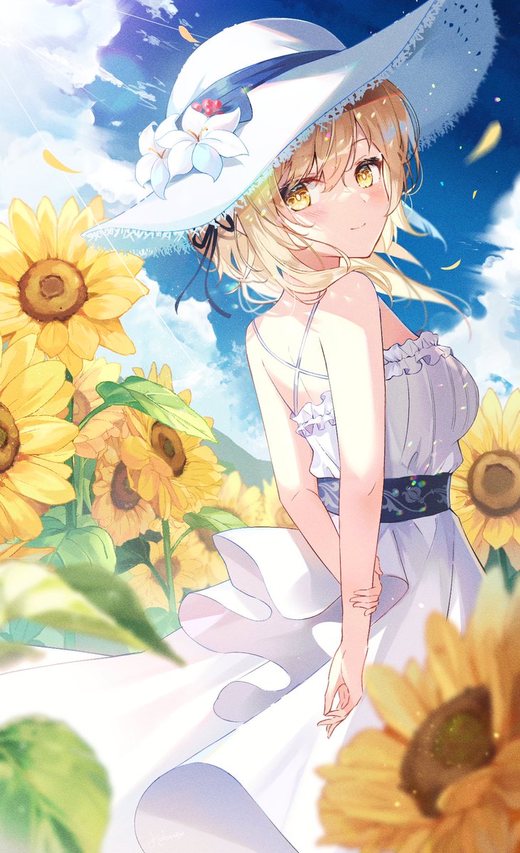 lumine (genshin impact) 1girl hat flower dress sunflower solo white dress  illustration images