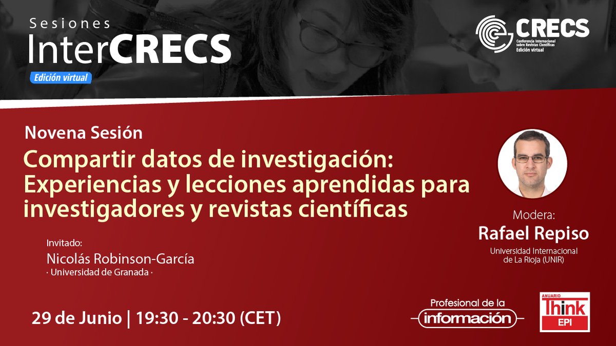 thinkepi's tweet photo. Mañana a partir de las 19:30h (CET) estaremos junto a @nrobinsongarcia en la novena sesión #InterCrecs: "Compartir datos de investigación: Experiencias y lecciones aprendidas para investigadores y revistas científicas"
Info:
https://t.co/bpzrqE6J92
#RevistaEPI #ThinkEPI https://t.co/p4FiDEhnZr