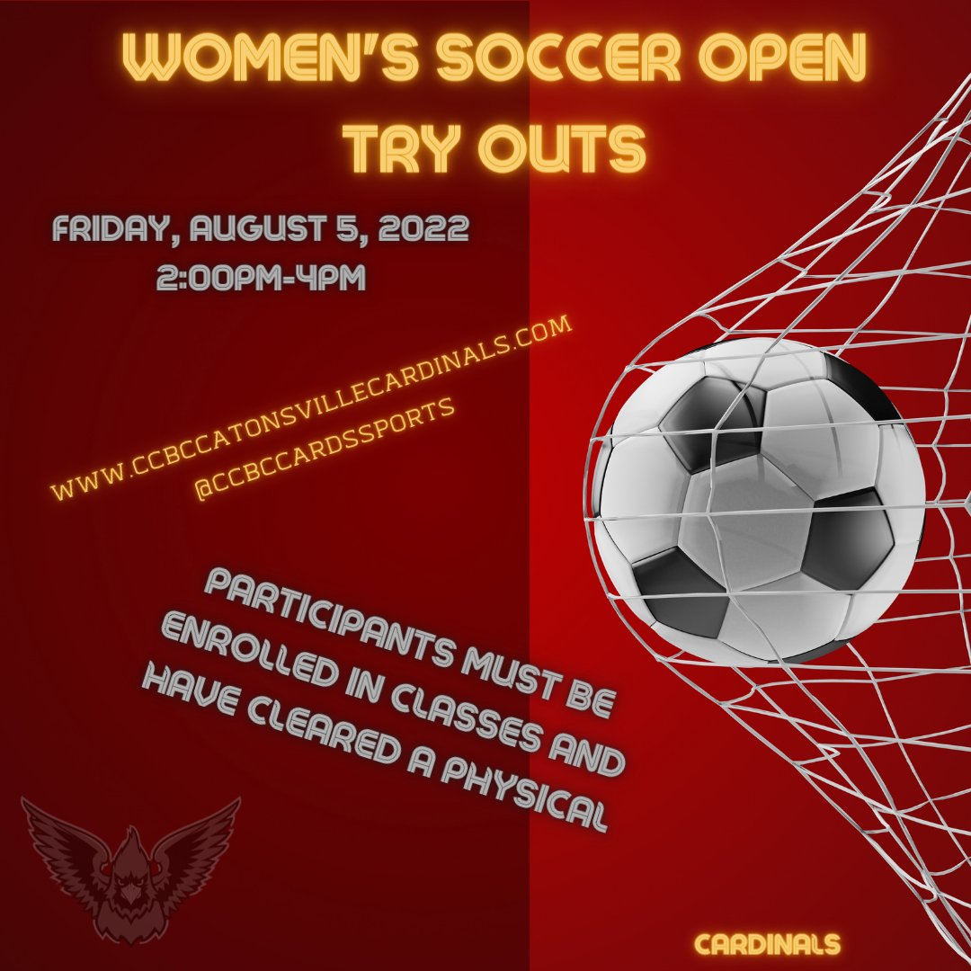 CCBCCardsSports's tweet photo. Interested in joining our women's soccer program at CCBC Catonsville. Be sure to attend our open tryout on Friday, August 5! #JUCOProduct #ProtectTheNest #GoCardinals https://t.co/b2AmdC2diD