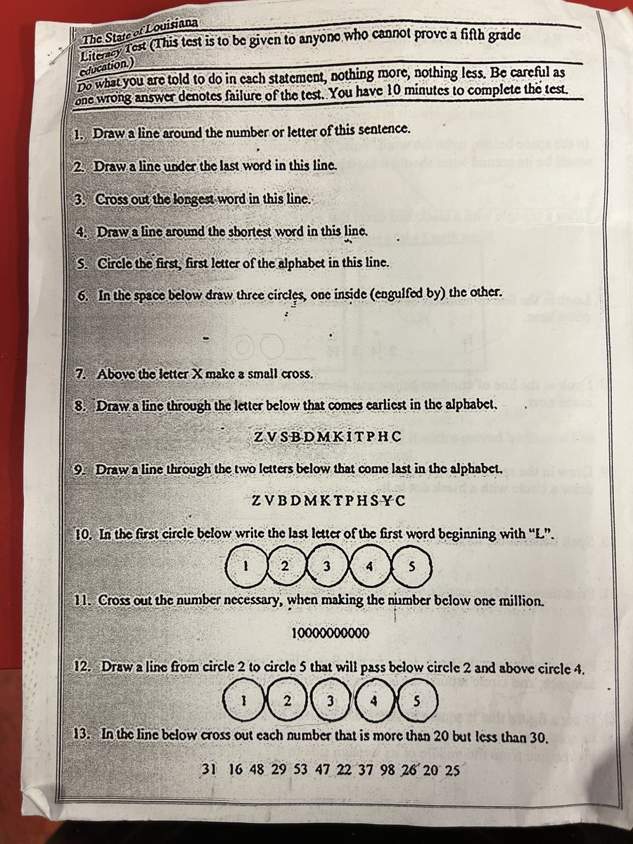 jaxroll1310's tweet photo. My coworker just showed me this from his government class. This is a literacy test for black people in the 1960s. If you wanted to vote, this had to be completed in under 10 min with NO errors. 50 years ago and they want us to just forget because “didn’t happen to us” https://t.co/0kGtJQLNE4