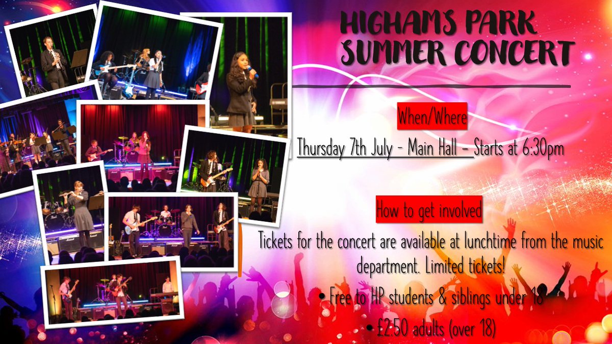🎵💃🎭🕺🎶🕺🎭💃🎵💃🎭🕺🎶
HP Performing Arts Summer Showcase tickets are now available to all from the music department 🙌
Date: Thursday 7th July. 
Time: starts at 6:30pm in the Main Hall
Adults (over 18s) = £2.50  Students/siblings (under 18s) =  FREE!!
<a href="/HighamsParkSch/">Highams Park School</a> #music
