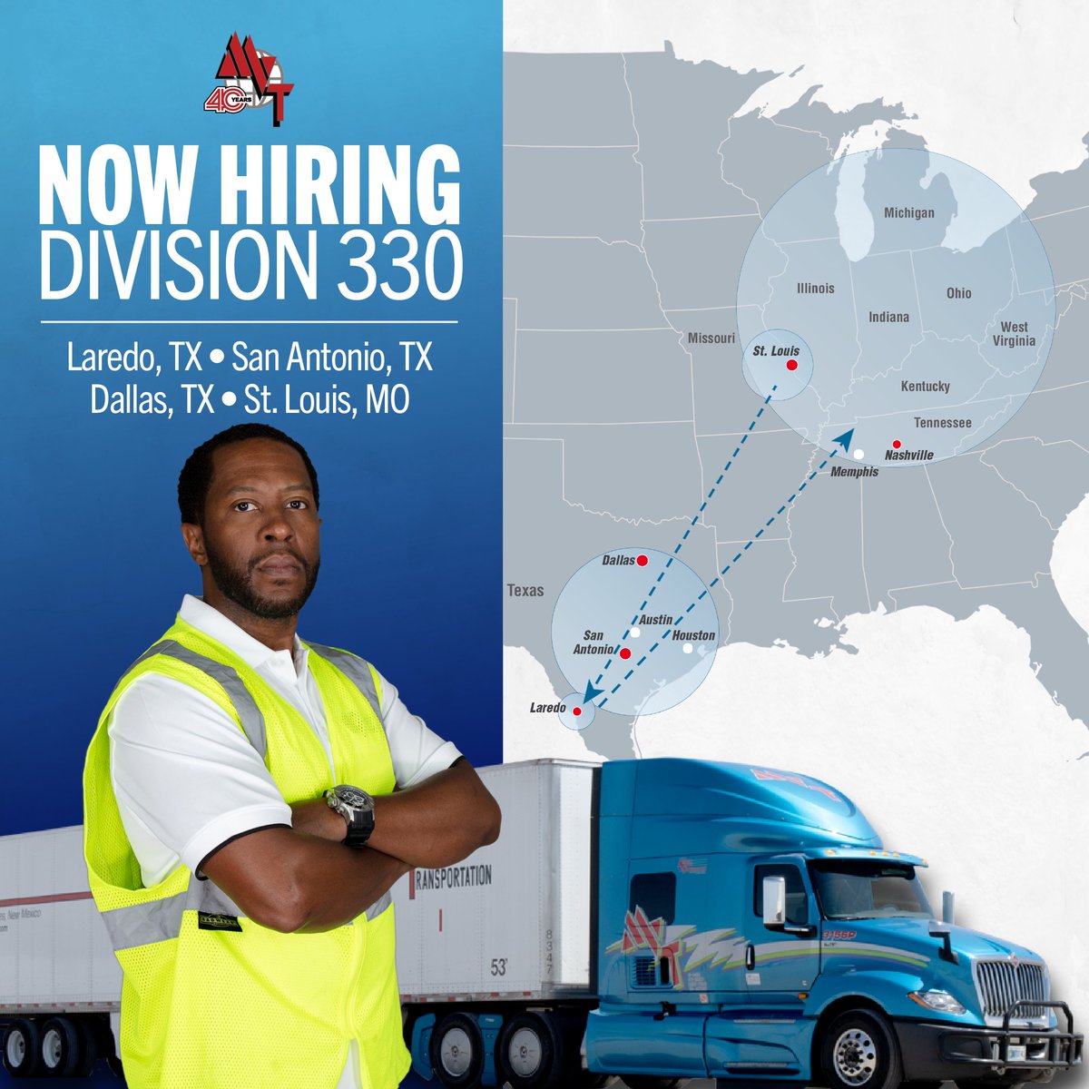 MVTServices's tweet photo. We are actively looking for drivers who want to experience the MVT Difference in our Division 330! This division could be the right fit if you live in Laredo, San Antonio, Dallas, or St. Louis. We have home time, 24/7 driver support, no-touch freight, and late-model equipment! 🔵 https://t.co/zz6wiRcSkY