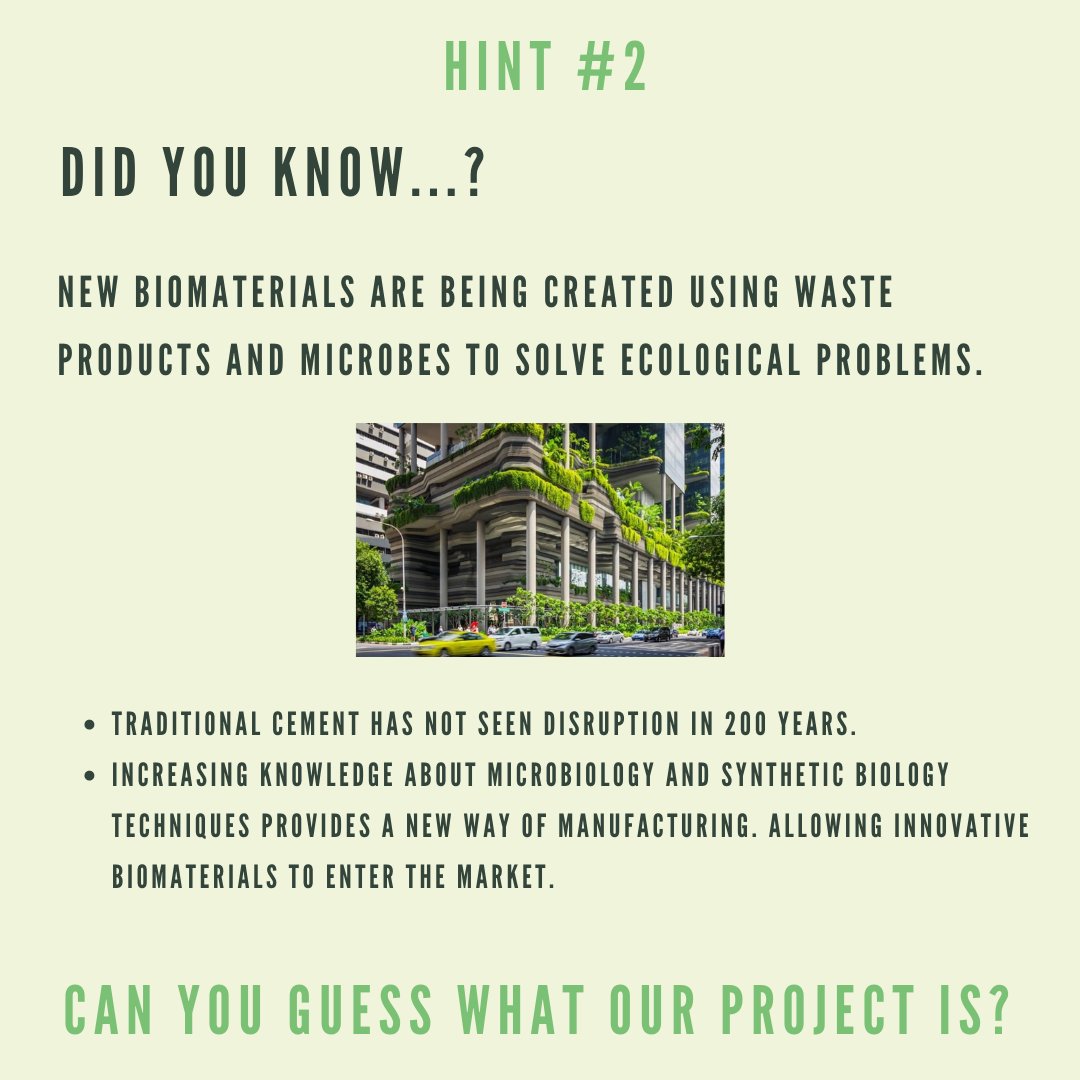 💥6 days until the project reveal! 💥

Biomaterials are commonly defined as substances that have been engineered to interact with biological systems for a medical purpose.

However, new biomaterials are starting to be developed in other industries, such as construction.
#iGEM2022