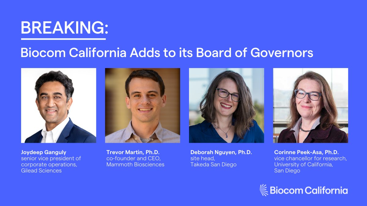 Very pleased to announce the newest additions to our board of governors: Joydeep Ganguly <a href="/GileadSciences/">Gilead Sciences</a>, <a href="/martintrevor_/">Trevor Martin</a> <a href="/mammothbiosci/">Mammoth Biosciences</a>, Deborah Nguyen, Ph.D. <a href="/TakedaPharma/">Takeda</a>, and Corinne Peek-Asa, Ph.D., <a href="/UCSanDiego/">UC San Diego</a>. More: bit.ly/3I0Xkww