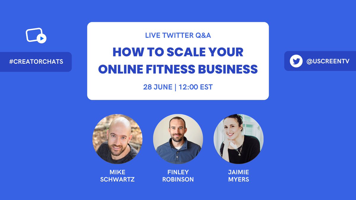 Uscreen (@uscreentv) on Twitter photo We are LIVE! 🎉
Welcome to this month's #CreatorChats, where we'll be discussing how to effectively scale your online fitness business 💪
We're joined by some of our favorite experts…
🗣 <a href="/finrobinson/">Finley Robinson</a>
🗣 @jaimieemyers
🗣 <a href="/mikeeschwartz/">Michael Schwartz</a>
Let's go! 🔥 We are LIVE! 🎉
Welcome to this month's #CreatorChats, where we'll be discussing how to effectively scale your online fitness business 💪
We're joined by some of our favorite experts…
🗣 <a href="/finrobinson/">Finley Robinson</a>
🗣 @jaimieemyers
🗣 <a href="/mikeeschwartz/">Michael Schwartz</a>
Let's go! 🔥
