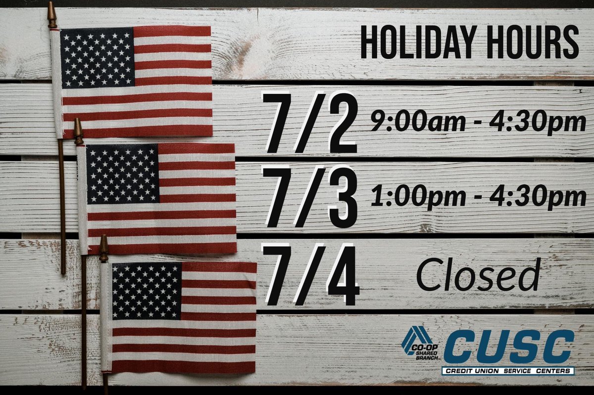 All five #standalone branches will be open regular hours Saturday &amp; Sunday and closed Monday in observation of #IndependenceDay. We are here for your #sharedbranching needs with #extendedhours. Have a fun and safe holiday weekend! 🇺🇸 #cuscoklahoma #creditunions #oklahoma