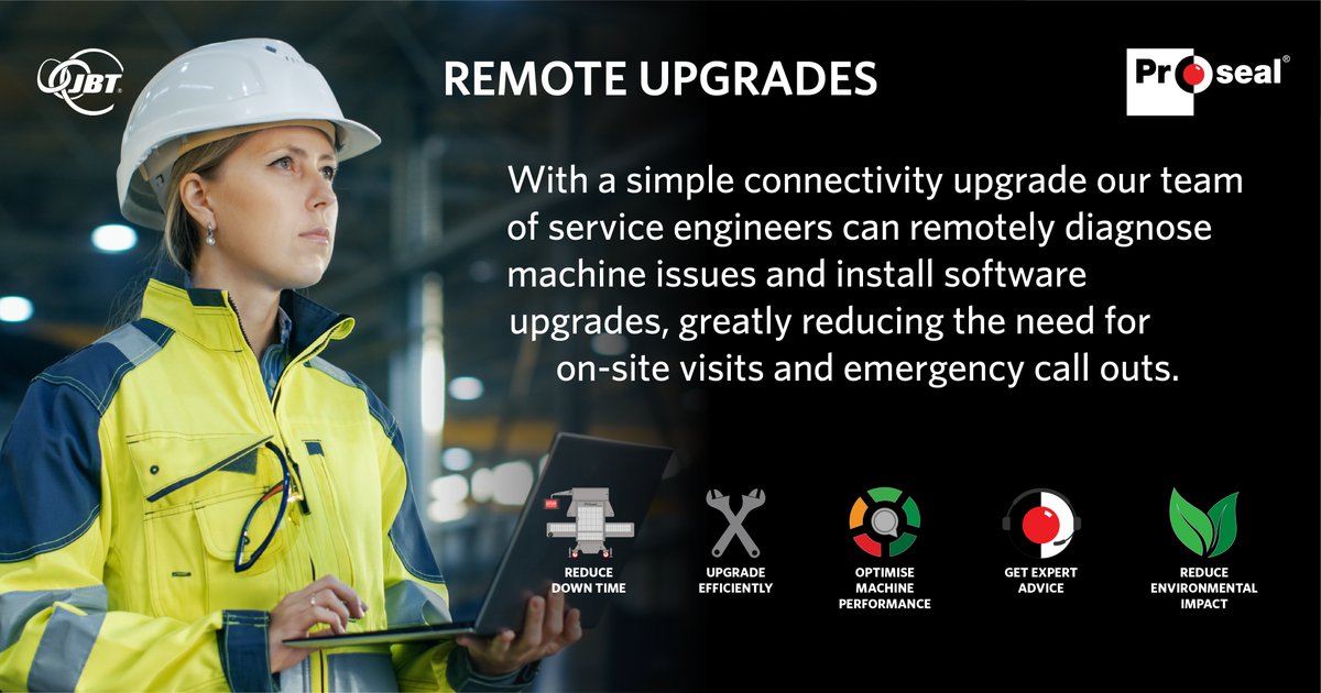 ProsealAmerica's tweet photo. With our remote upgrade and diagnostic service, we are proud to say that we achieve first contact resolution with 85% of our customers WITHOUT the need to send an engineer on-site.

Contact us today to learn more!

#OneJBT #Proseal #traysealing #customercare #sustainability https://t.co/yAb0uP2Sk0