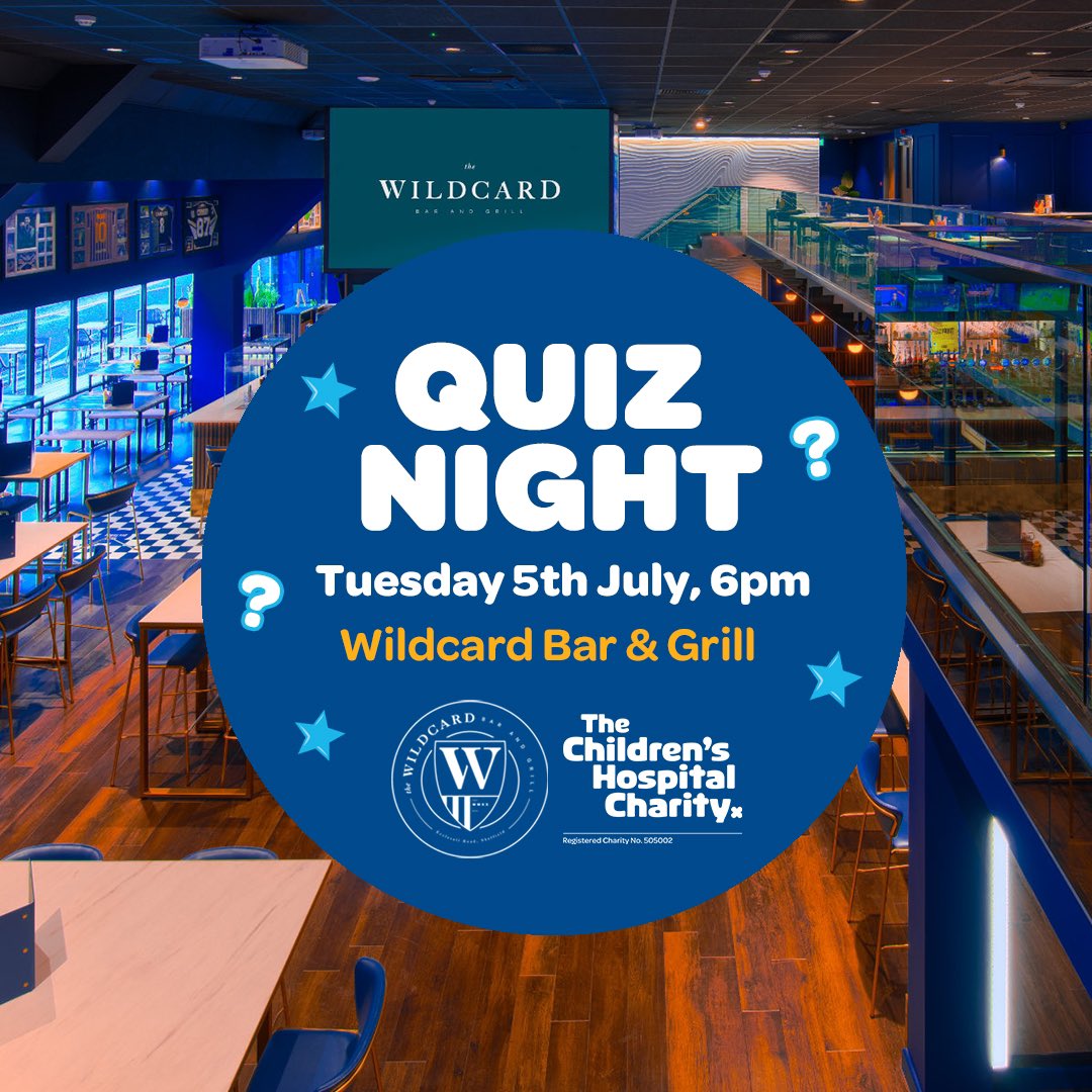 SheffChildrens's tweet photo. One week to go!

We can't wait for our first live Charity quiz night at The Wildcard Bar &amp; Grill next Tuesday (5th July) 

Hosted by our ambassador @jamesgregg7, there are quiz rounds on everything from Sheffield to the Charity. 

Get your tickets here: https://t.co/vRNZWKg7S0 💙 https://t.co/81IFxbjCjA