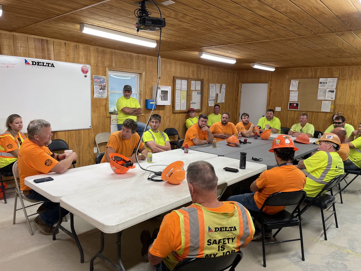 DeltaCompanies's tweet photo. Day 2 of #DeltaSafetyWeek begins at our SIS Quarry in Goreville, Illinois. Senior Managers and these miners are discussing heat-related issues, backing protocol, ways to overcome complacency, and the need to watch out for each other.
#ColasGoalZero #SafetyCulture #SafetyAttitude https://t.co/IQa9oS1MBX