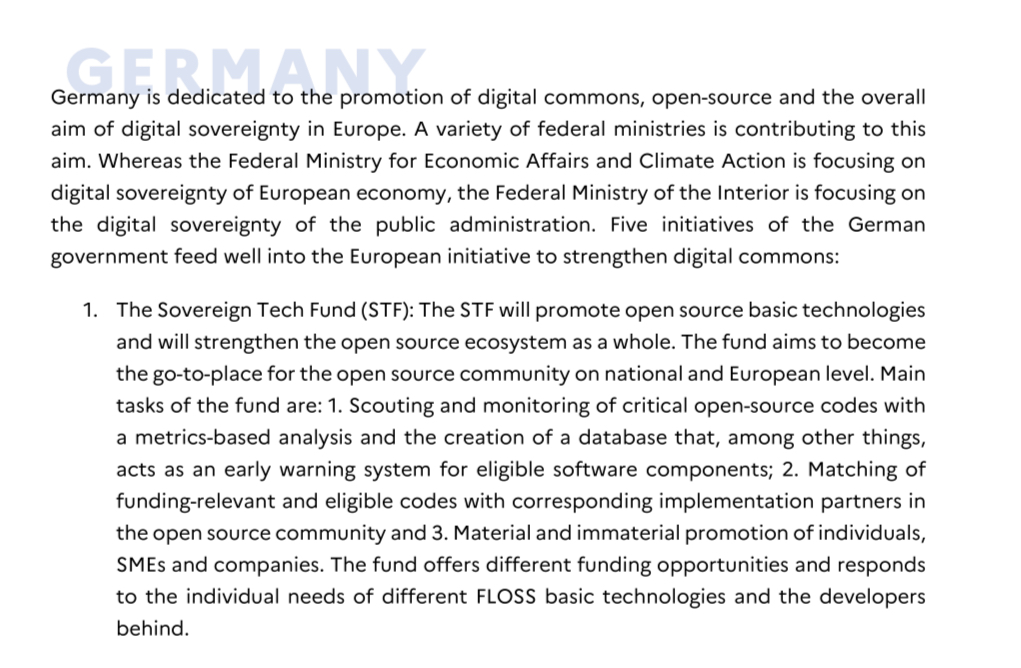 Senficon's tweet photo. The French government highlights the #SovereignTechFund as the No. 1 initiative by the German government to promote the #DigitalCommons (p. 14). https://t.co/WqmaswWIwW https://t.co/fsn0Zjsn8g