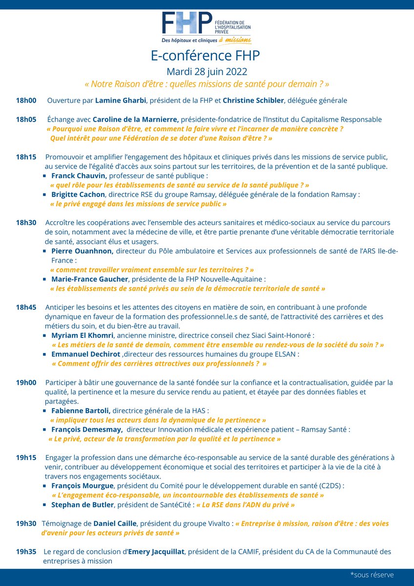 La_FHP's tweet photo. E-conférence FHP : c'est parti !🚀
🚩« Notre Raison d’être : quelles missions de santé pour demain ? »
💻Inscrivez-vous sans plus attendre : https://t.co/Id2rTPat0p
👇Retrouvez le programme complet 👇
#clinique #hopitauxprives #sante #ensemble #missions #econference #RSE https://t.co/iMWH0zs33d