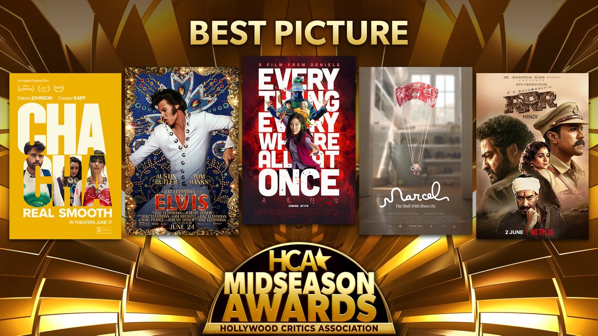 TheAstraAwards's tweet image. The Nominees for Best Picture are...

#ChaChaRealSmooth 
#ElvisMovie 
#EverythingEverywhereAllAtOnce 
#MarcelTheShellWithShoesOn
#RRRMovie 
#TheBatman  
#TheNorthman 
#TheUnbearableWeightofMassiveTalent
#TopGunMaverick 
#TurningRed 

#HCAMidseasonAwards #BestPicture