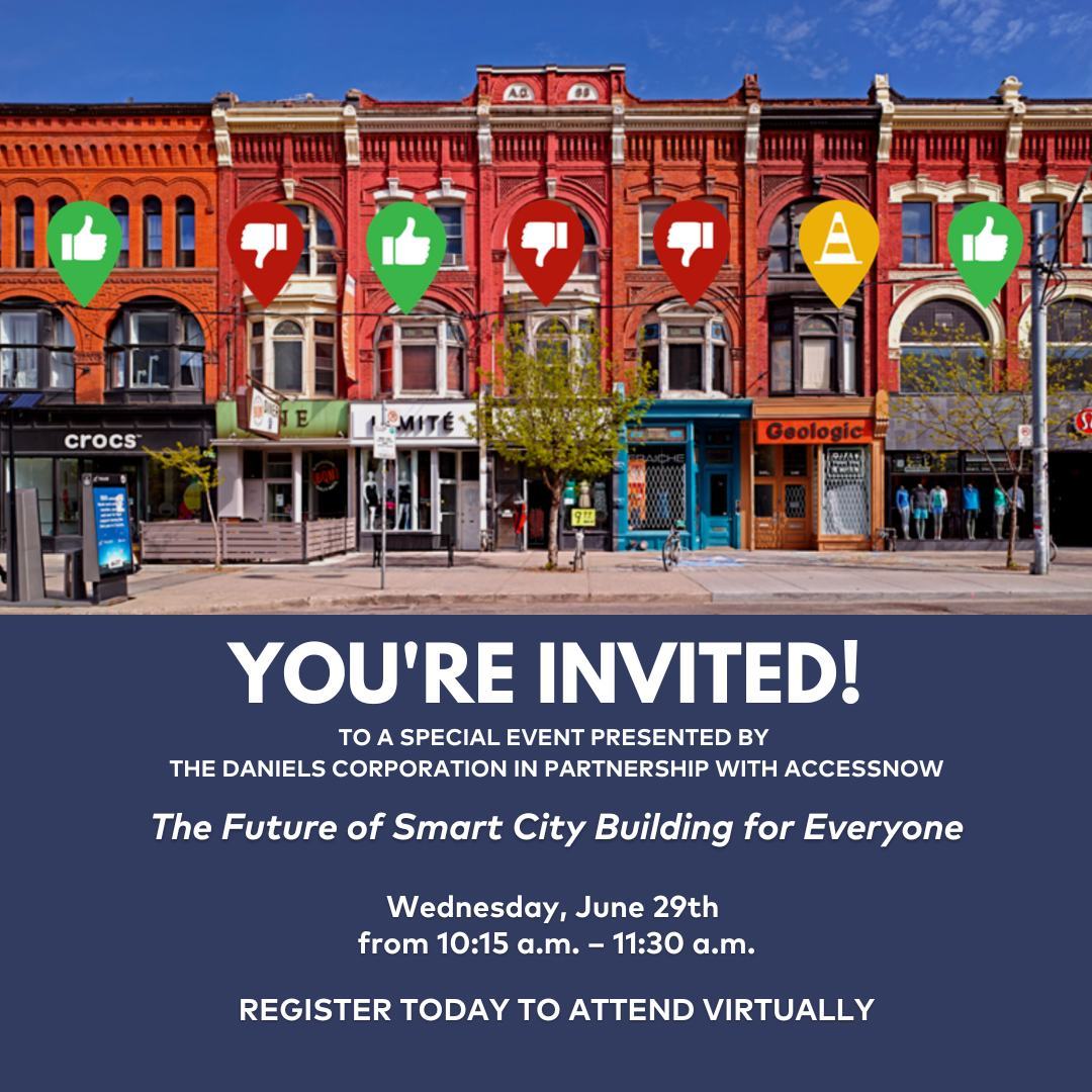 AccessNowApp's tweet photo. How can we build #accessible cities? Join us and @TheDanielsCorp tomorrow, June 29th, as we unveil our #MapMission video and have a conversation about the importance of smart and accessible city building for everyone. Register to attend virtually at: https://t.co/lZhDls9gkw https://t.co/gq2uiVIwvu