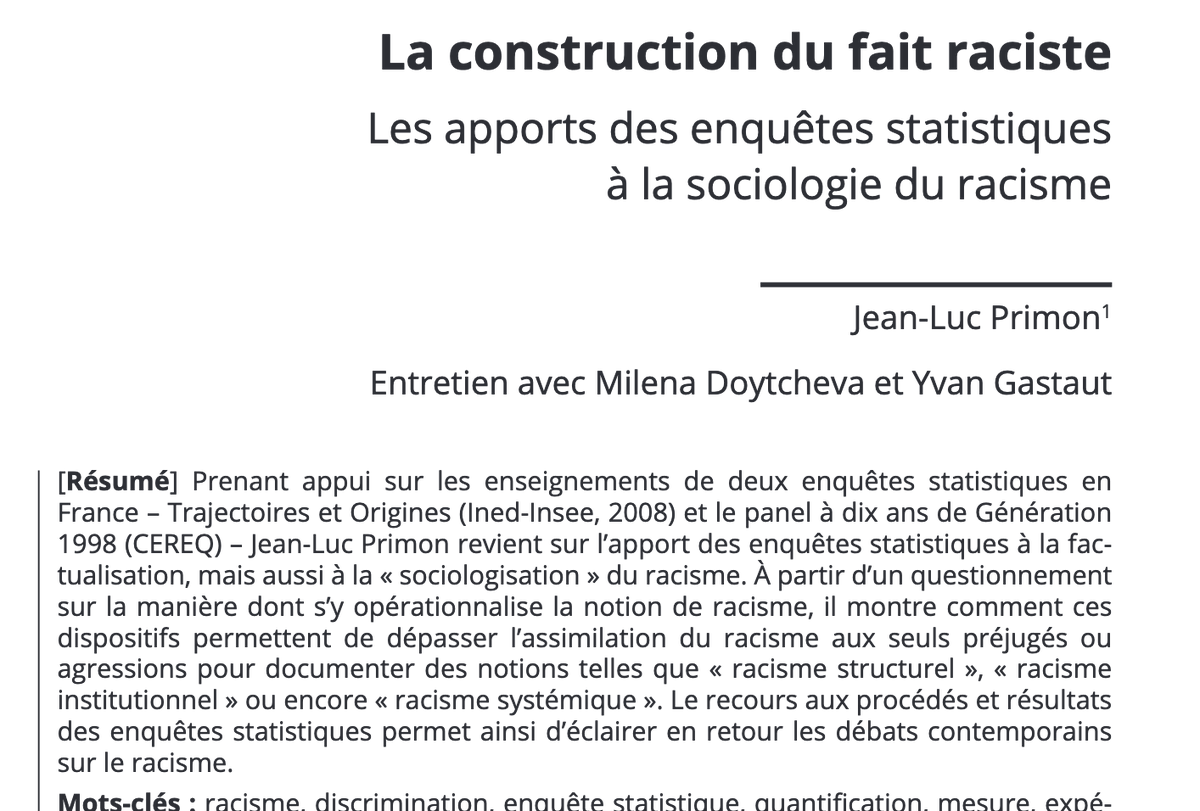 MDoytcheva's tweet photo. L'entretien avec Jean-Luc Primon en conclusion dresse enfin le bilan de l'apport des enquêtes #quantitatives à la qualification du #racisme et la manière dont elles permettent en particulier d'objectiver ses effets #structurels et #systémiques

https://t.co/NOsClusRFa https://t.co/DiOCqWADjF