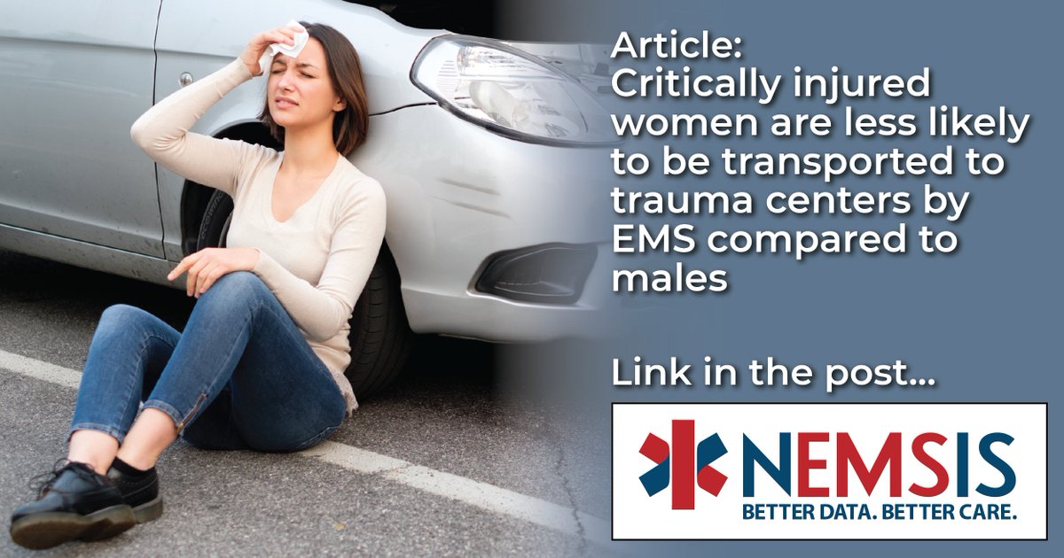 NEMSISTAC's tweet photo. Using #NEMSIS data, researchers found that critically injured women were 19% less likely to be taken to a trauma center compared with critically injured men.
Access the article here: https://t.co/Pkw9Ai1tpS #EMS #EMSData https://t.co/PdBTmZ0hzJ
