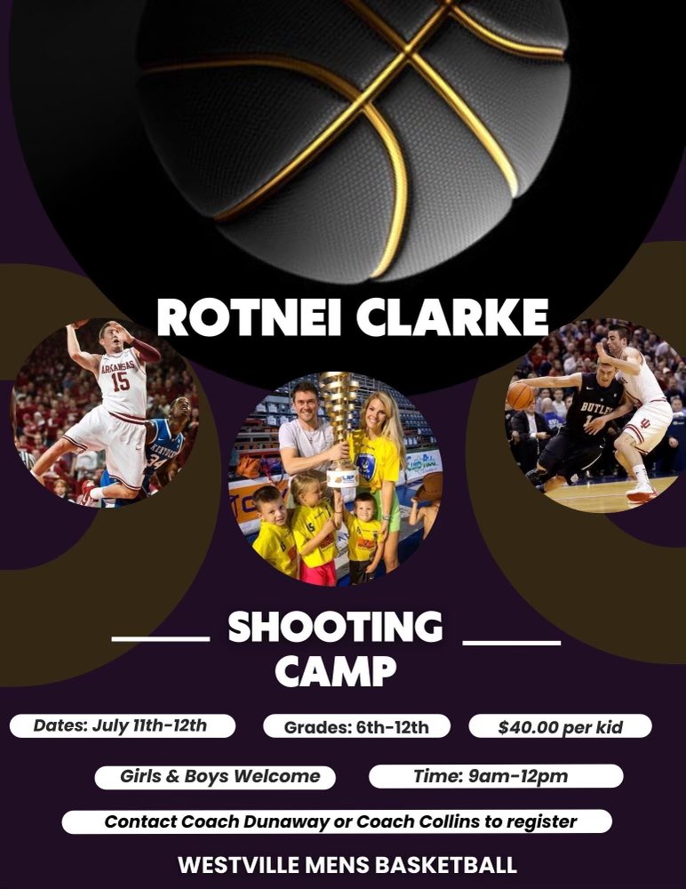 Westville Boys basketball are happy to announce Rotnei Clarke will be coming back this year for another shooting camp! The states leading scorer puts on a great camp for the kiddos. All the info is in the flyer. You do not have to go to westville HS to attend the camp.