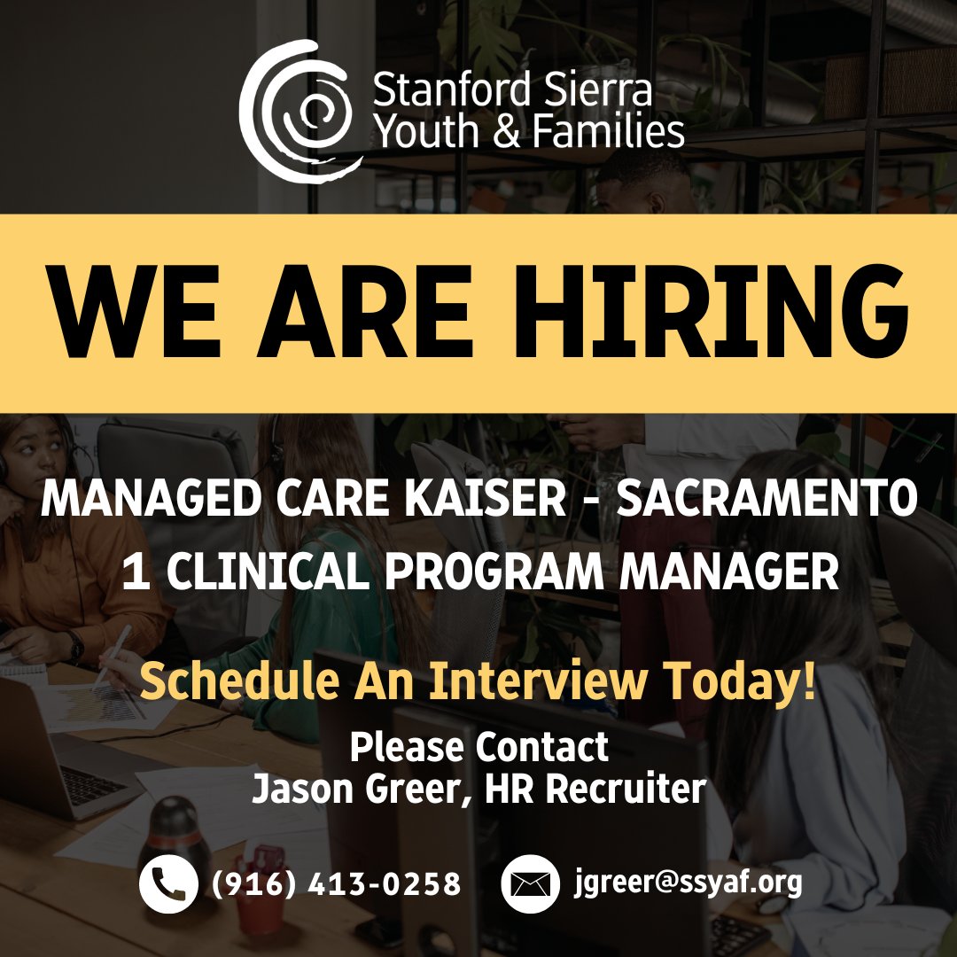 StanfordSierra1's tweet photo. We are looking to hire a Clinical Program Manager for our Managed Care Kaiser - Sacramento program. Join our team and support local youth and families, while implementing your skills and knowledge.
Contact Jason Greer, HR Recruiter
jgreer@ssyaf.org
(916) 413-0258
#hiring #ssyaf https://t.co/8Mw0Nvx79X