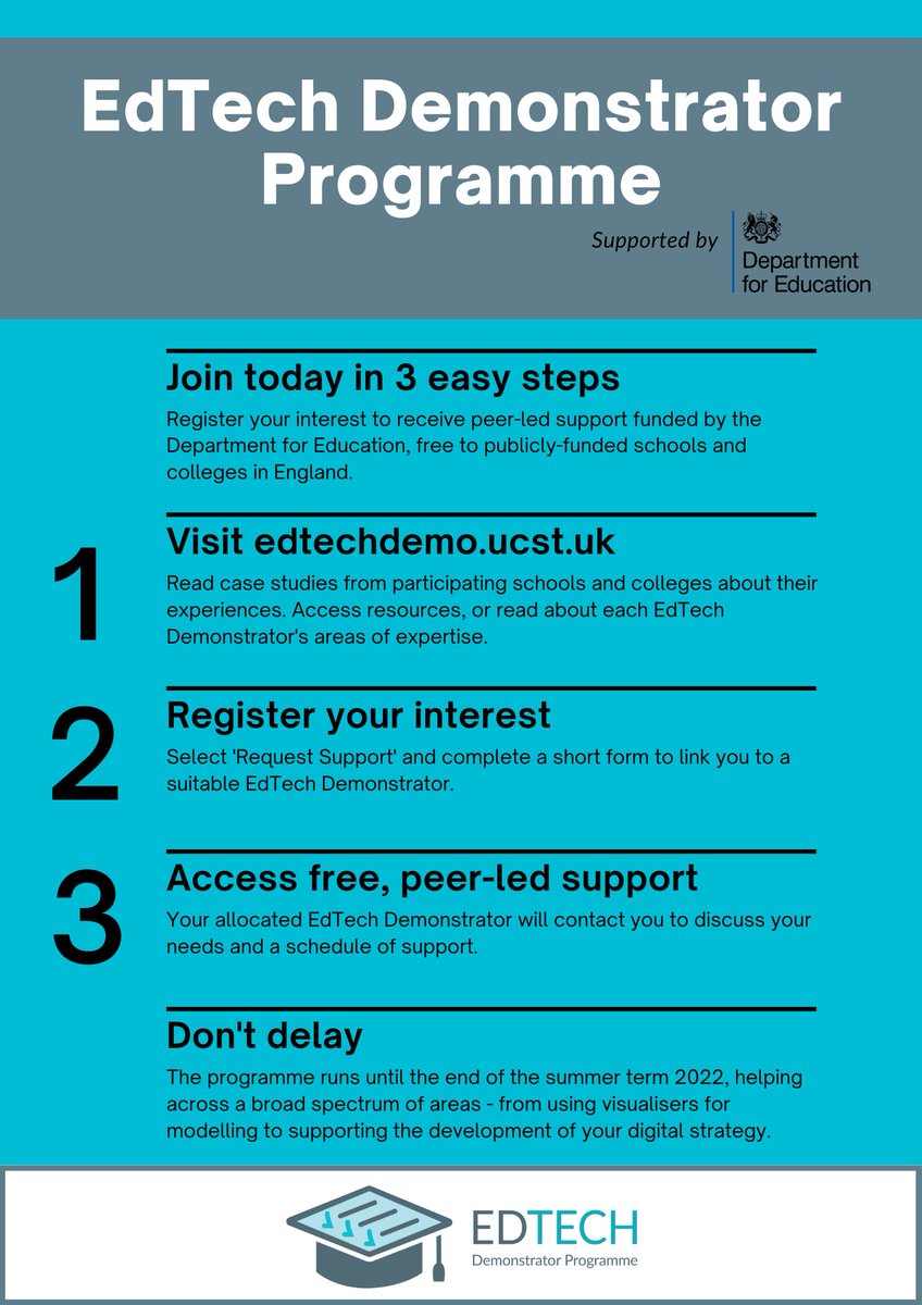 ⏰ FINAL DAYS TO REGISTER for the DfE’s fully-funded #EdTech Demonstrator Programme which provides tailored support to any publicly-funded #school or #college in England. ow.ly/pgqx50JJKPe 
🔊 DON'T MISS OUT #headteachers #governors #edreform #edleadership