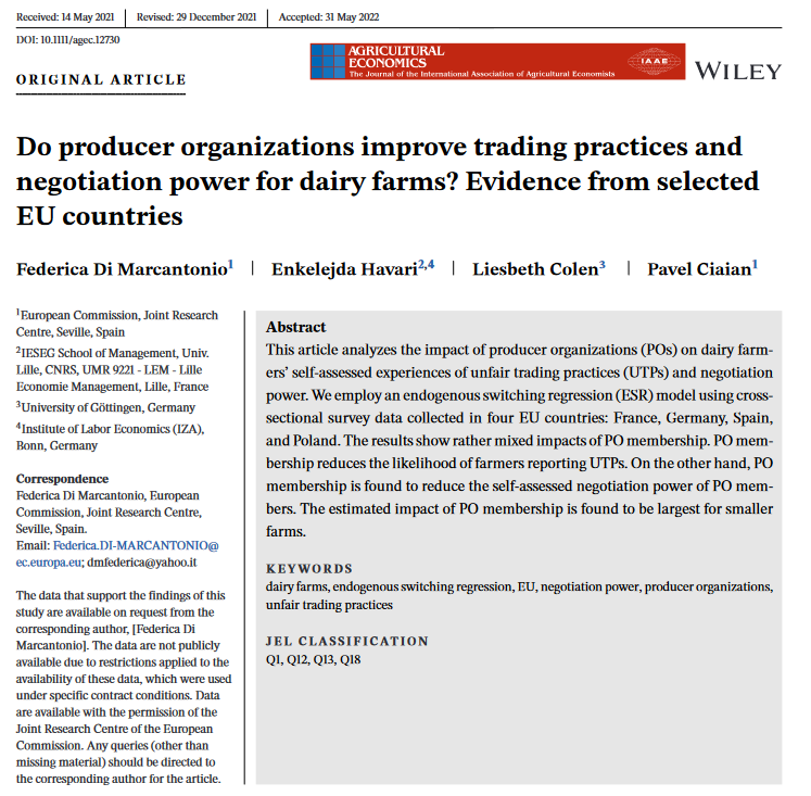 Do producer organizations improve trading practices and negotiation power for dairy farms?

Relevant new paper in Agricultural Economics 

onlinelibrary.wiley.com/doi/10.1111/ag…