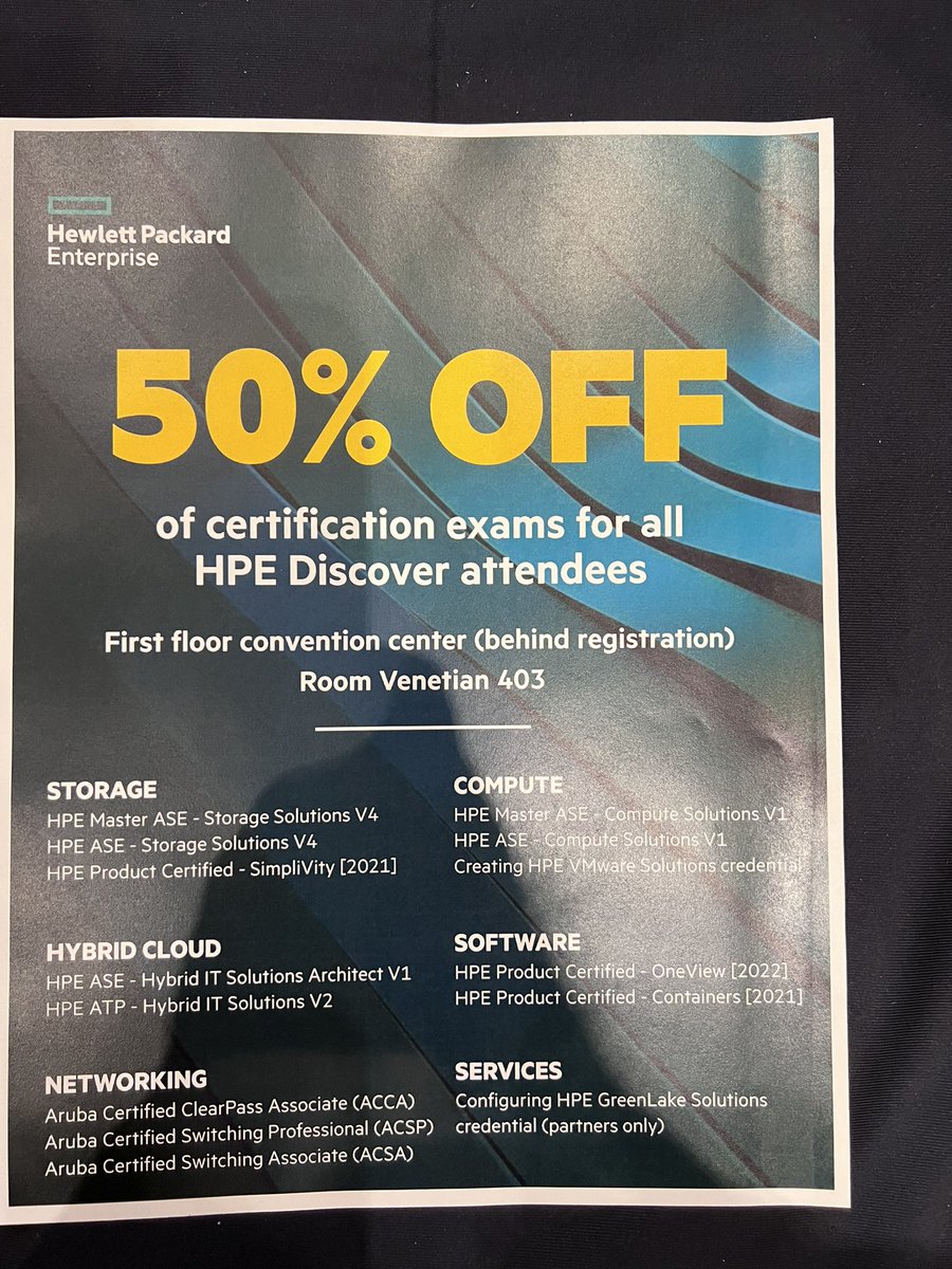 I'm here in the Tech Academies study lounge at #HPEDiscover! Come on down and get an Aruba Ed Services mug and a sweet deal on certification and training.