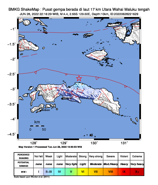#Gempa Mag:4.4, 28-Jun-22 22:16:29 WIB, Lok:2.65 LS, 129.50 BT (Pusat gempa berada di laut 17 km Utara Wahai Maluku tengah), Kedlmn:10 Km Dirasakan (MMI) III Wahai #BMKG