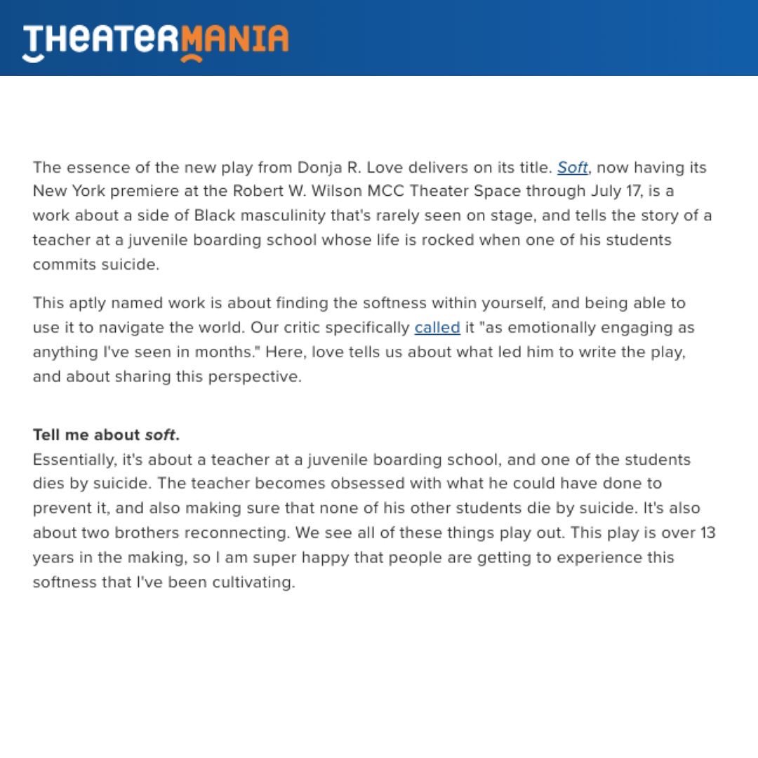 mcctheater's tweet photo. soft playwright Donja R. Love sat down with @theatermania to discuss building the world of #softMCC at #mcctheater. https://t.co/0txSliNXCv