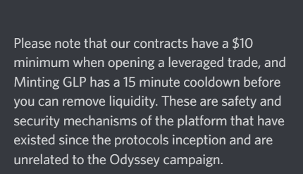 第二周 <a href="/arbitrum/">Arbitrum</a> 任務，凌晨一點就開始了，最後提醒一下，因為有些資訊異動，請注意 👇

<a href="/GMX_IO/">GMX 🫐</a> 【三個都要做】
1. 槓桿交易 ( 開倉最低金額限制為 10U ) 
2. 鑄造 GLP ( 沒有金額限制 ! 但移除流動性需要過 15 分鐘後 )
3. 現貨 SWAP ( 沒有金額限制 ! )