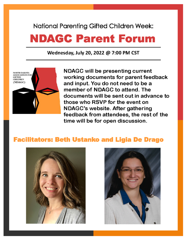 DakotaGifted's tweet photo. NDAGC is celebrating parents in July, and we would like your input. RSVP today for our NDAGC Parent Forum: https://t.co/2kK4CGHvOT https://t.co/yjcquuDOhM