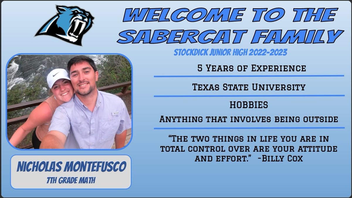 Our Sabercat Staff is growing for 22-23.  Please welcome our newest 7th Grade Math Teacher!