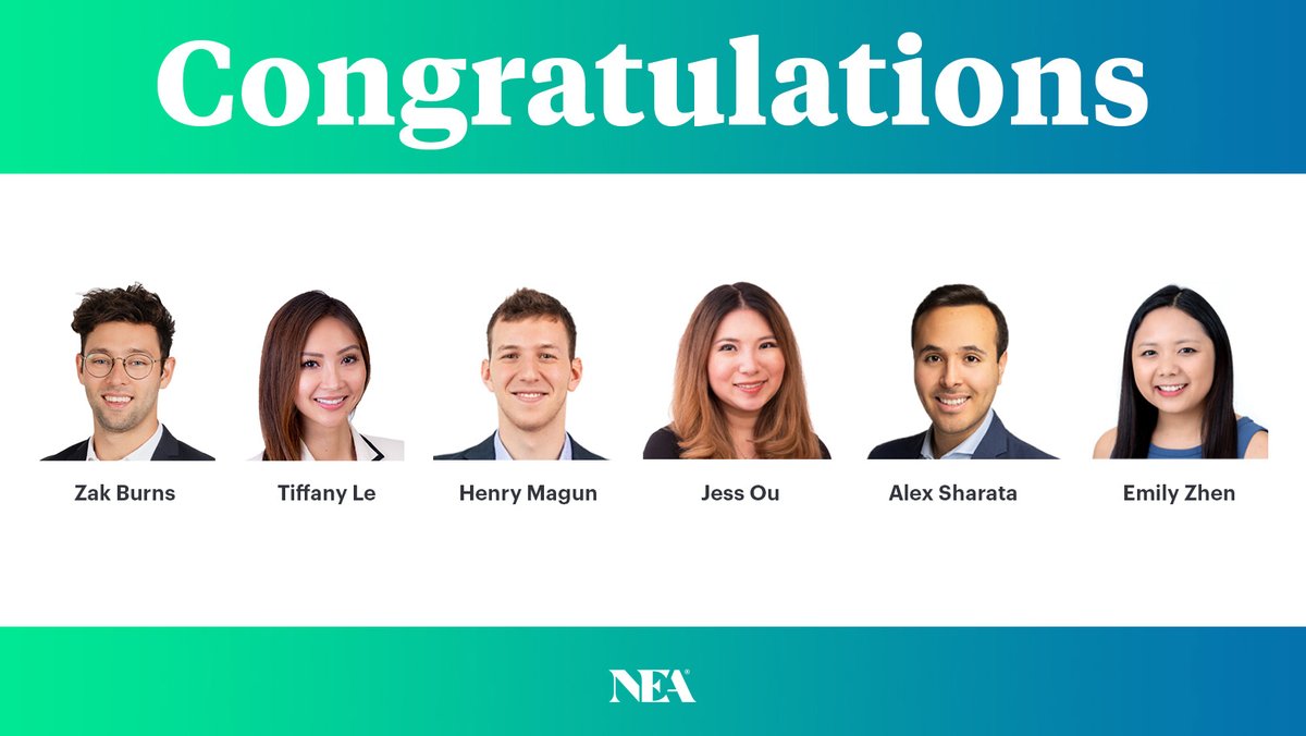 🤩We're proud to announce some recent, well-deserved promotions on our #healthcare and #technology investing teams. 

🎉 Congratulations, @JessicaOu, #TiffanyLe, @HenryMagun, @ZakBurns, @alex_sharata, @emilylynnzhen 🚀👏🏽⭐️  
 
nea.com/news/press-rel…