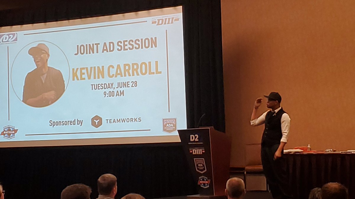 If you haven't heard <a href="/kckatalyst/">Kevin Carroll (PDX)</a> speak, you need to! Be present in everything you do. Shoutout to <a href="/Teamworks/">Teamworks</a> for the sponsorship of today's session. <a href="/DIIADA/">DII ADA</a> <a href="/NAIAADA/">NAIAADA</a> <a href="/NATYCAA2/">NATYCAA</a>