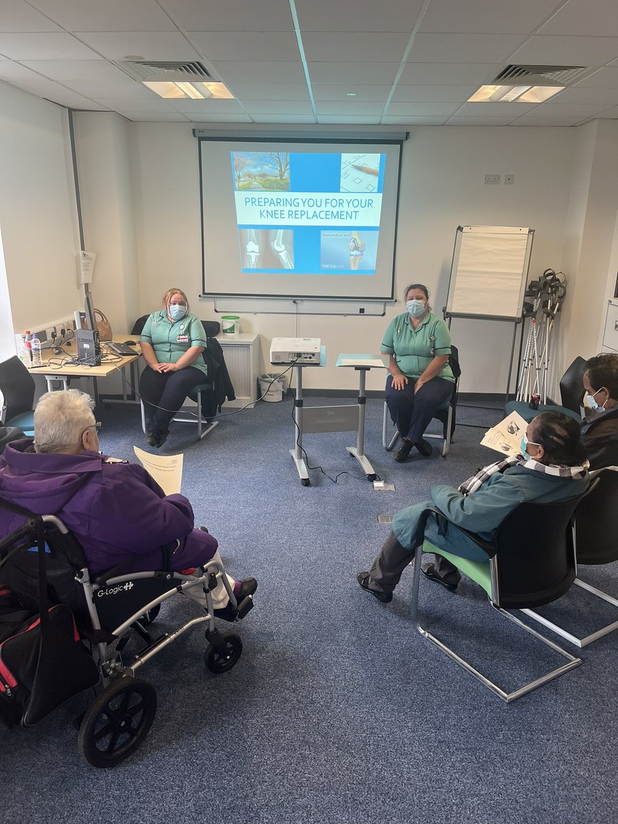 This afternoon we finally did our first F2F pre-op education group for Joint replacement surgery in over 2 years 👏🏼🙌🏼 so nice to get patients back in the room &amp; improve our services. Photo taken with patient consent &amp; the lovely Lynn &amp; Karlie our STA’s leading the class 😊