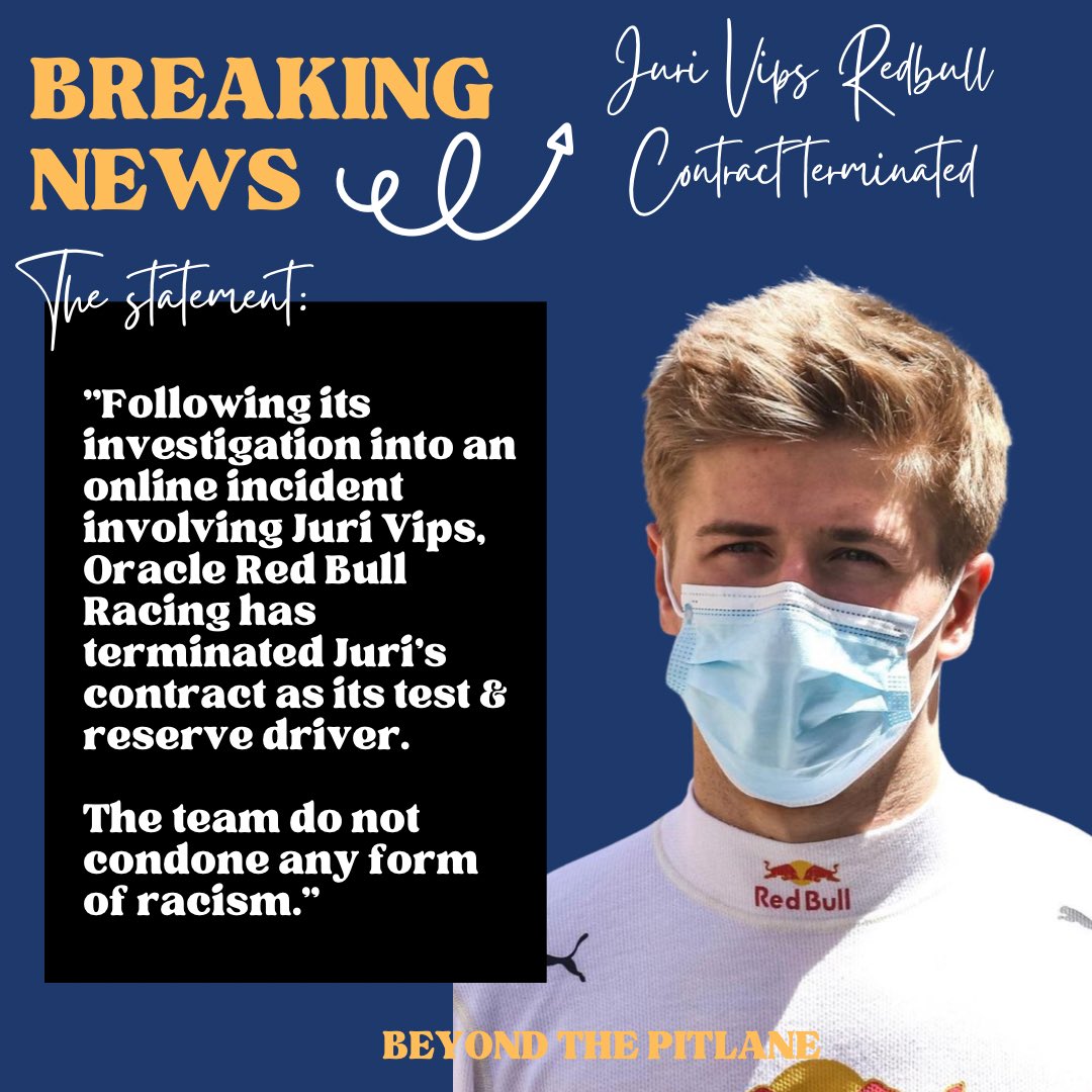 beyondthepit's tweet photo. Juri Vips has had his Red Bull contract terminated following an investigation into comments made during an online twitch stream #F1 #FormulaOne https://t.co/hs9O4xp2DA