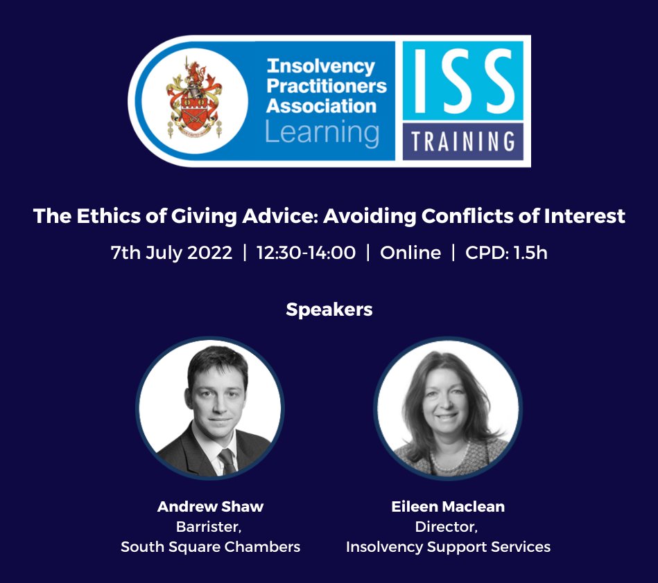 IPAssociation's tweet photo. #Insolvency Practitioners face a conflict of interest in giving advice before accepting an appointment as office holder – the next online #IPALearning session (7 July, 12:30-2pm) looks at how to get this right!
Read more: https://t.co/DlE0t0qd21
@ISStweets @southsq #insolvency https://t.co/08kEjn1VyH