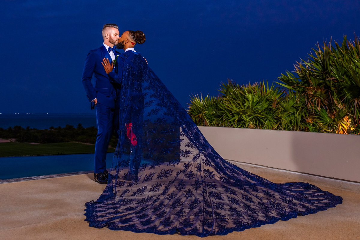 AJGibson's tweet photo. Mr. &amp; Mr. ❤️ 6.20.22 

#AJGotEm 

Tuxedos: @GRAYSCALEIC 
Cape/Veil/Train: @DaShoneByDaSh 
Rings: @DavidYurman 
Shoes: @LouboutinWorld 
Grooming: @EbonyRootsHair 
Venue: @ATELIERHoteles 

#GayMarriage #LGBTQ #Pride https://t.co/sG1qc85pfh