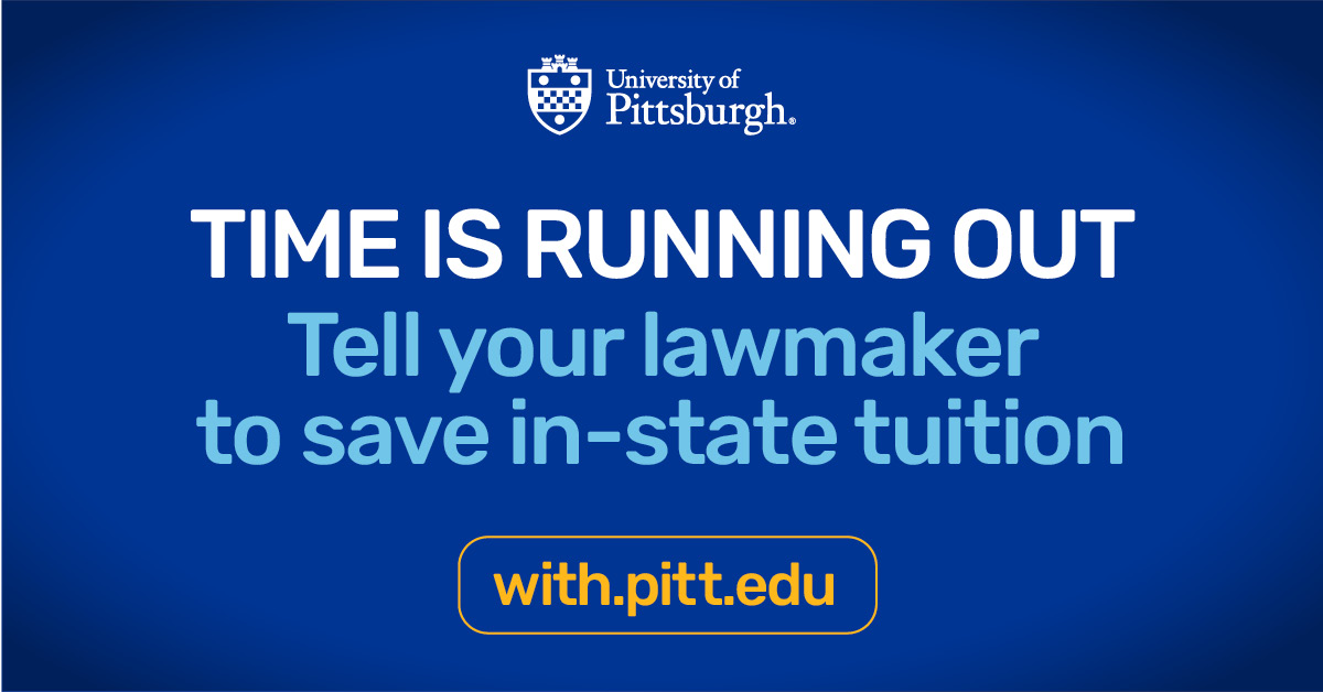 PittCGR's tweet photo. A loss of state support carries significant—and instant—consequences for Pennsylvania’s students and families. Visit https://t.co/xRZDcMTrp2 to let your Pennsylvania lawmaker know you support Pitt’s appropriation. #SupportPAStudents https://t.co/rxGlNhU0RU