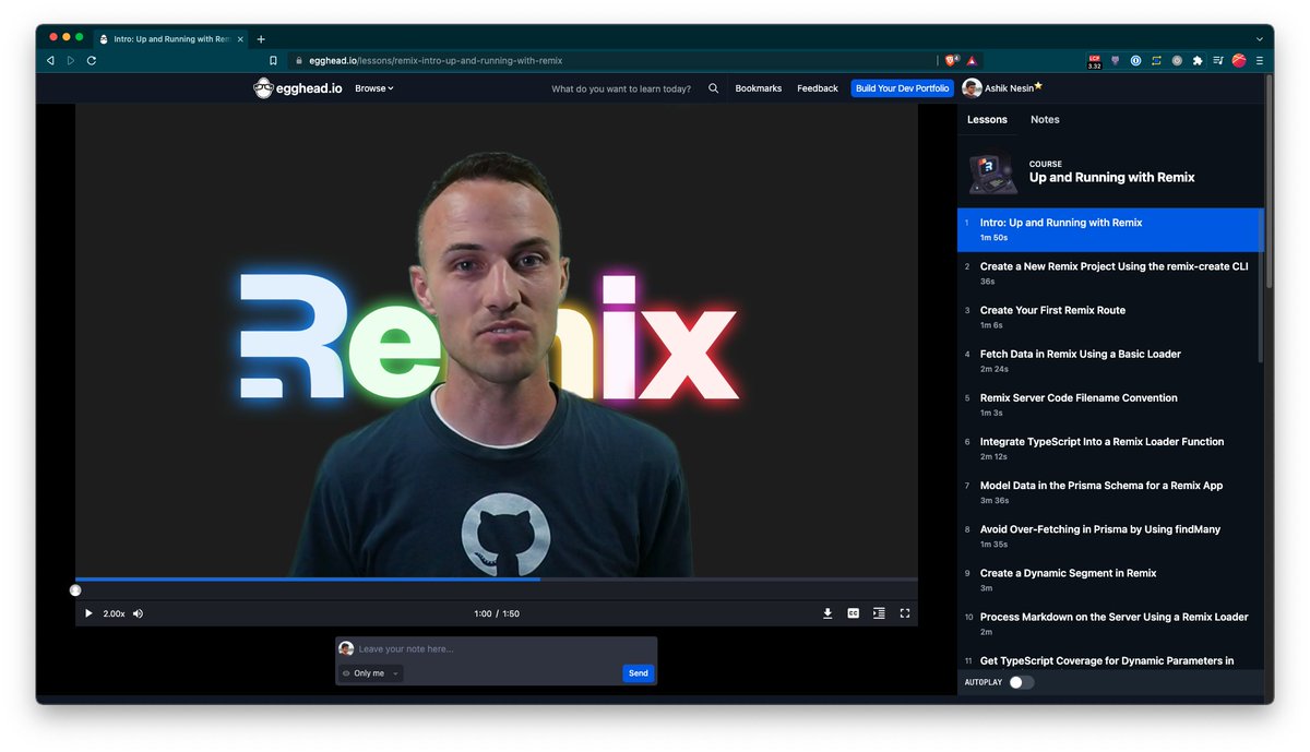 Hello <a href="/remix_run/">Remix 💿</a> :)

Super existed to learn more about it finally.

Thanks <a href="/kentcdodds/">Kent C. Dodds 🏹</a> for the quick course 🤩

👉 egghead.io/lessons/remix-…