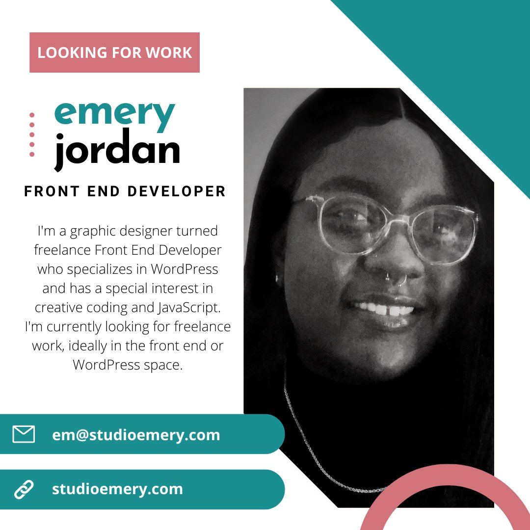 ✨ hey everyone!
👀 i'm looking for freelance gigs, ideally front-end and WordPress projects. i'm also open to maintenance work and helping out with existing projects!
🔗 my portfolio: studioemery.com/portfolio/
❣️ please RT for visibility!
