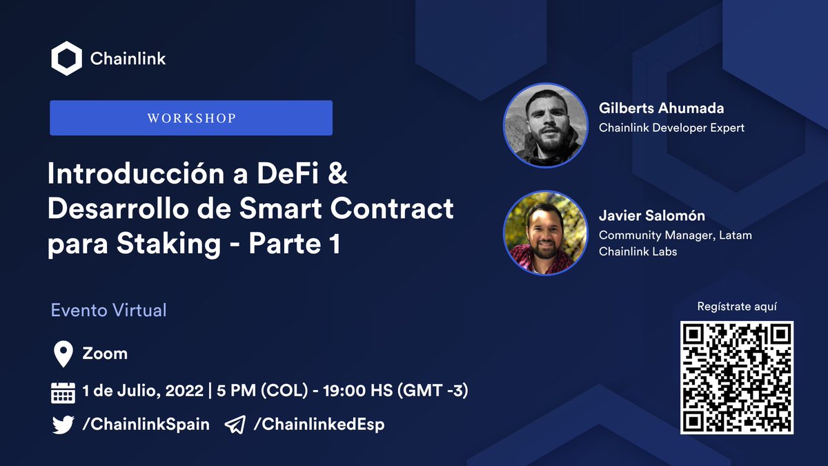 chainlinkesp's tweet photo. Primer workshop para Desarrolladores de la Comunidad de #Chainlink en Español
Introducción a las #DeFi & Desarrollo de Smart Contract para #Staking junto a @teterabOb
🗓️ Viernes 1 de Julio
⏰ 5pm 🇨🇴🇲🇽/6pm 🇻🇪🇨🇱/7pm 🇦🇷/12am 🇪🇸
Registros 👉 https://t.co/fBdcMhwfPy
¡Te esperamos! https://t.co/Mx47NtYjgh