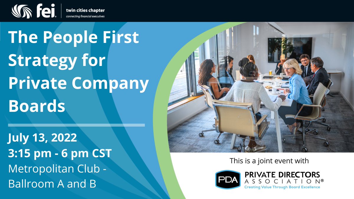 Join us Wednesday, July 13 from 3:15 - 6 pm at the Metropolitan Club, Ballrooms A&amp;B for this informative FEI Twin Cities/Private Directors Association session.
pdaboards.memberclicks.net/index.php%3Fop…

#FEI #CFOs #CEOs