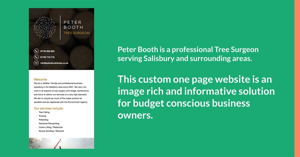 yandasoftware's tweet photo. We built local Tree Surgeon Peter Booth a compact one-page site with all the information a potential customer would be looking for.

Visit the site https://t.co/rPDBDLX5zW

#treesurgery #nature #countryside #wiltshire #webdesign #webdevelopment #cms #marketingagency #Salisbury https://t.co/3rmuElqJvc