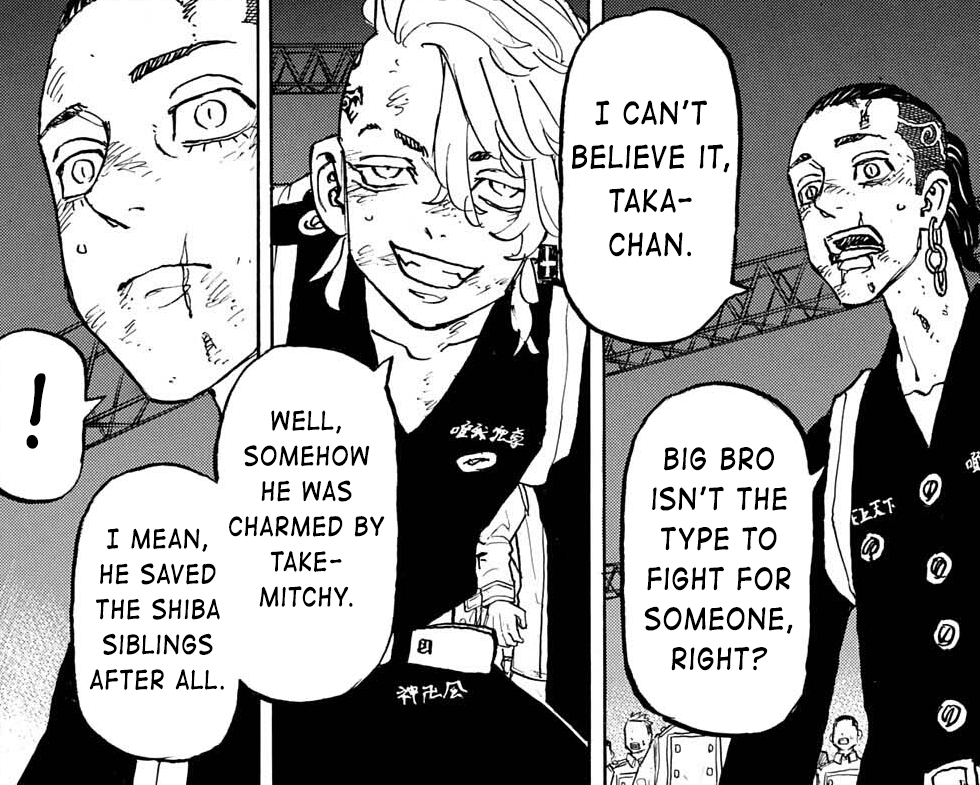 keisfangs's tweet photo. #TokyoRevengers259 #TR259 

hakkai never thought he would see his brother being grateful to anyone, but there he is making a way for takemichi towards mikey, he's surprised to see that maybe his big bro is not the same https://t.co/f2DO6OrNq2
