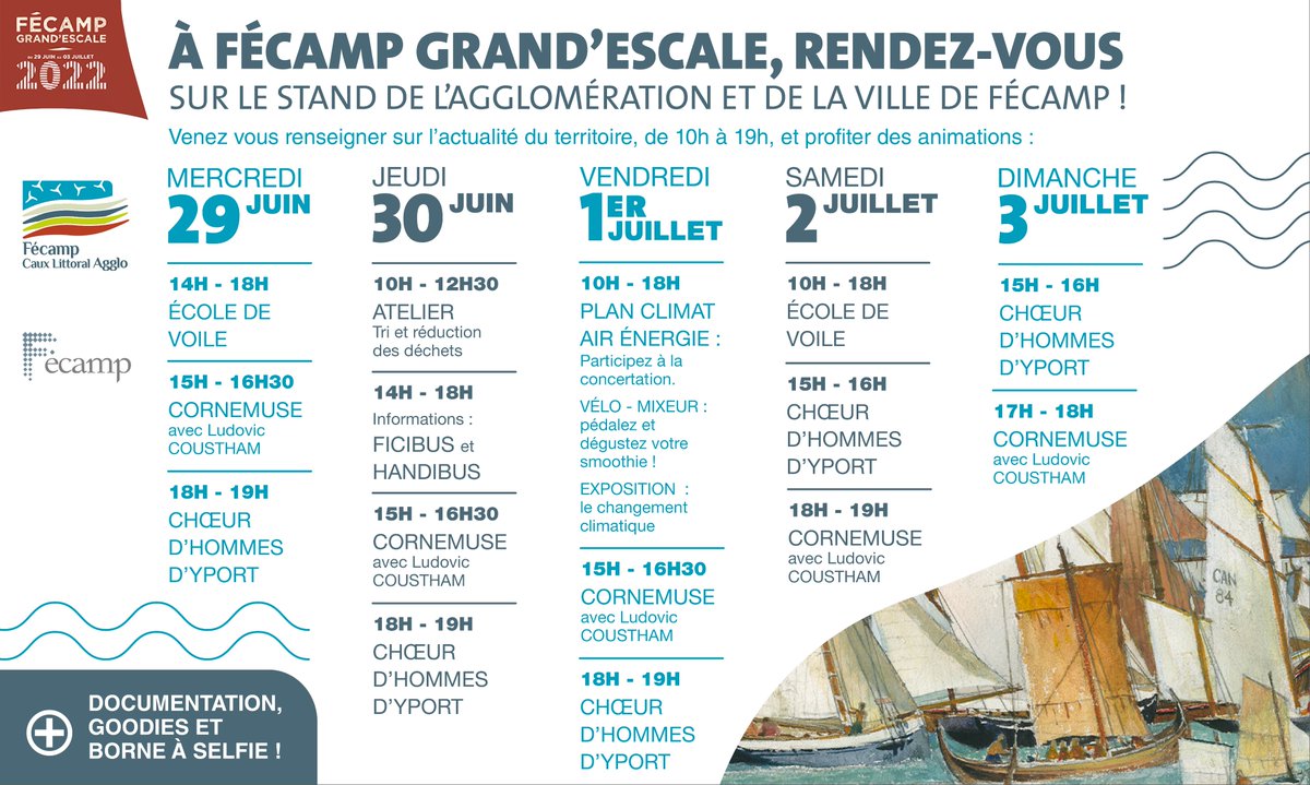 AggloFecamp's tweet photo. 👉Retrouvez @AggloFecamp et @VilleDeFecamp  sur leur stand lors de @FcpGrandEscale  du 29 juin au 3 juillet. Au cours de votre balade sur les quais de #Fécamp, venez nous rendre visite ! 🤩⚓️⛵️ https://t.co/Is4vxbOtje