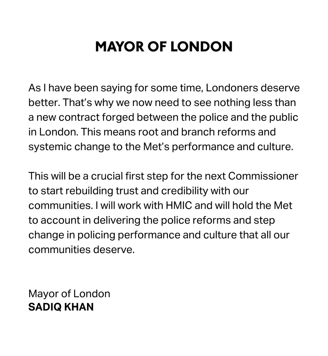 MayorofLondon's tweet photo. My statement on the news that the Met Police have now been placed into special measures. https://t.co/GkJcFwvbAq